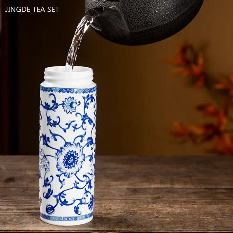 380ml Jingdezhen Ceramic Enamel Color Teacup Double Inner Liner Blue and White Porcelain Tea Cup Office with Cover Cup