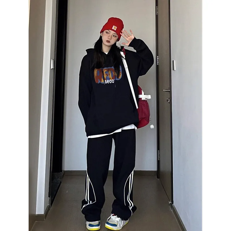 Black Thicken Hoodies Women Letter Printed Aesthetic Fleece Hooded Sweatshirts Autumn Winter Oversized Harajuku Y2k Tops
