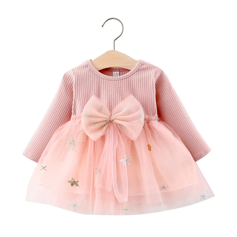 Cute Pink Newborn Baby Girls Dresses Spring Autumn Long Sleeve Bowknot