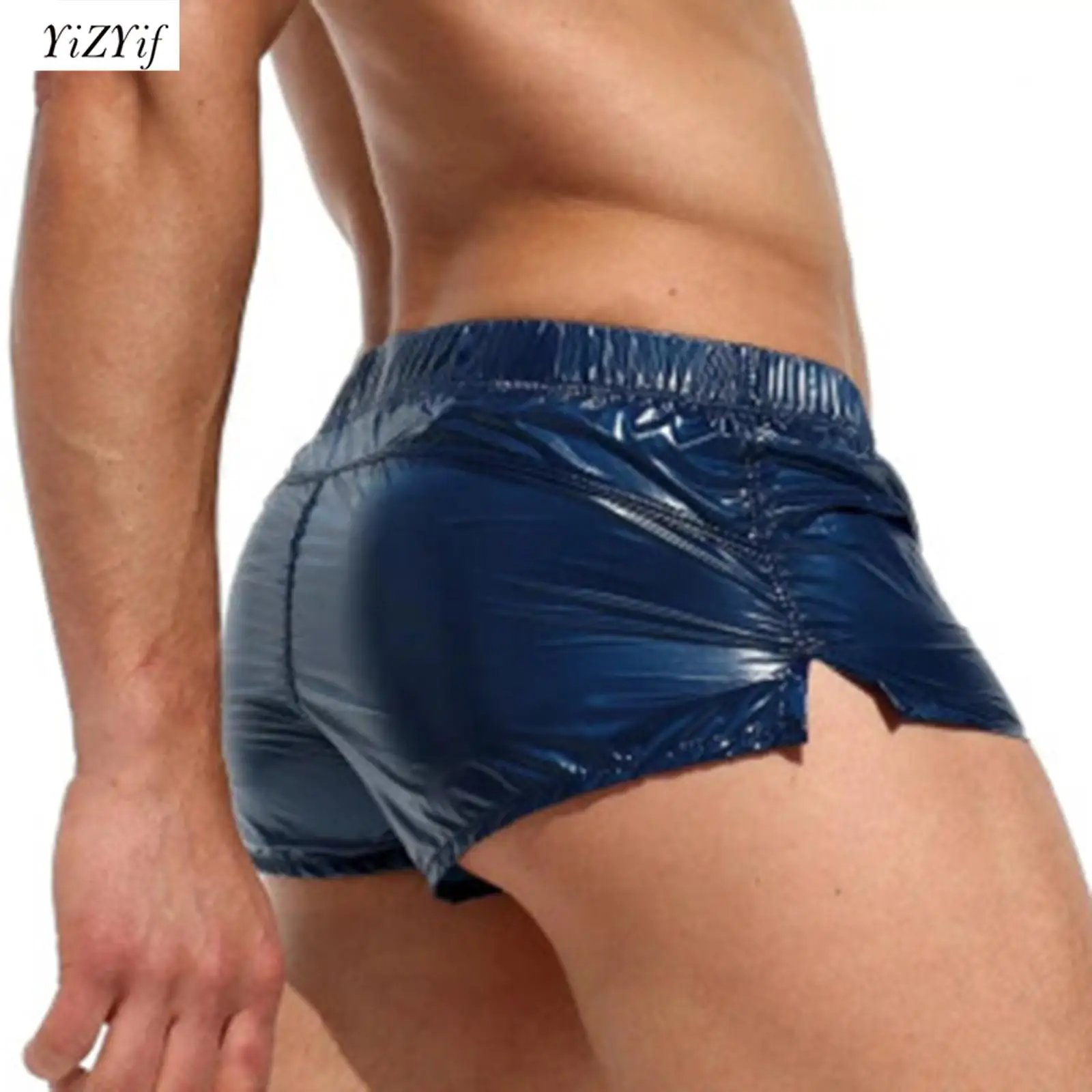 Mens Glossy Shorts Solid Color Low Rise Sides Slit Slim Fit Trunks Underpants Beach Pool Night Club Party Shorts Boxer Clubwear
