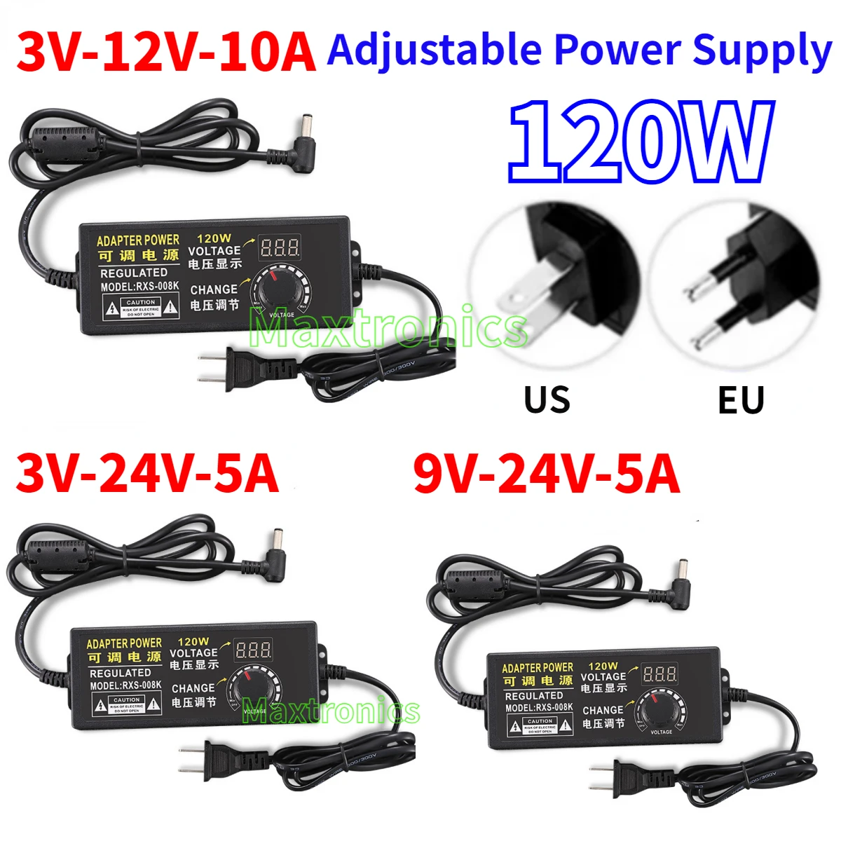 120W Adjustable AC to DC 3V-12V-10A/3-9V-24V-5A With Display Screen Universal Adapter Power Supply 5.5*2.1mm for LED Strip Light
