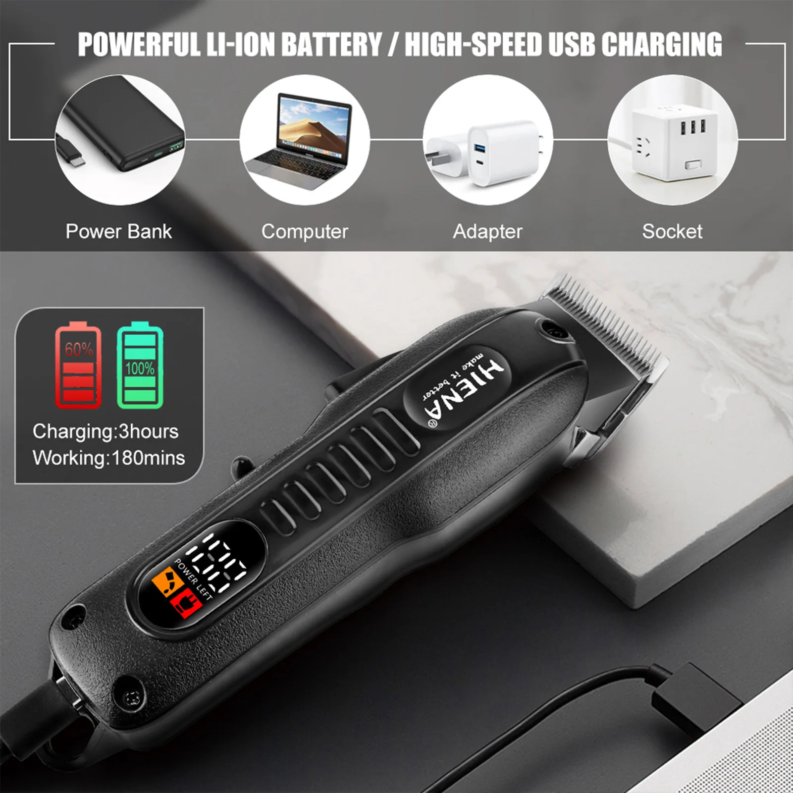 HIENA Hair Clippers 1200mah Powerful Battery Electric hair Trimmer Professional barber hair cutting machine Cordless clippers 6