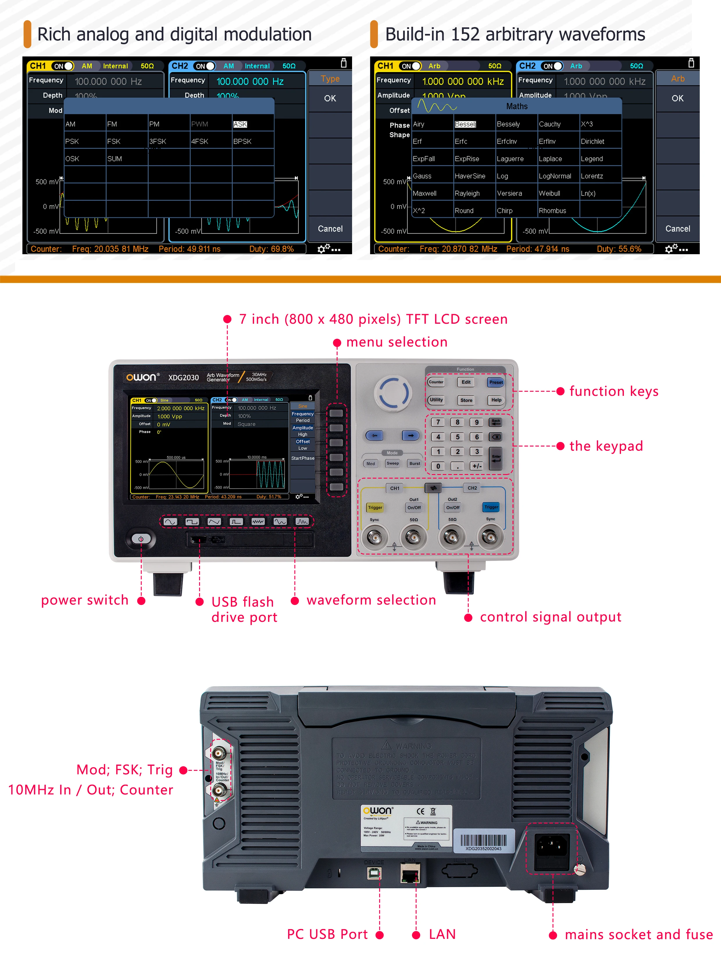 XDG2030 Arbitrary Waveform Signal Generator 30MHz 500MSa/s 2CH 7 inch Multi-Touc