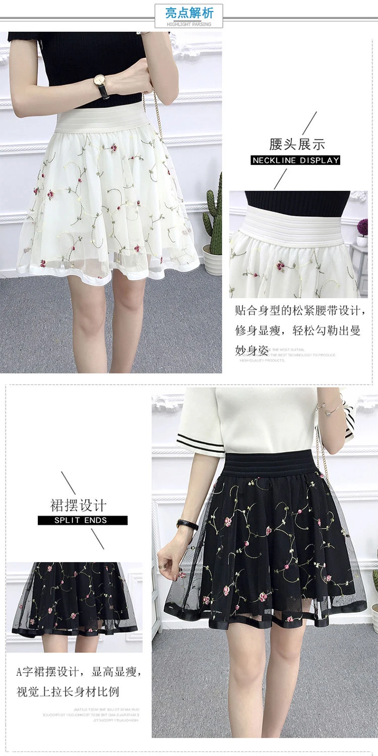 2021 New Spring Summer and Autumn Mesh Short Skirt Elastic Waist Versatile Pengpeng Skirt A-line High Waist Lace Lady Girl Black leather skirt