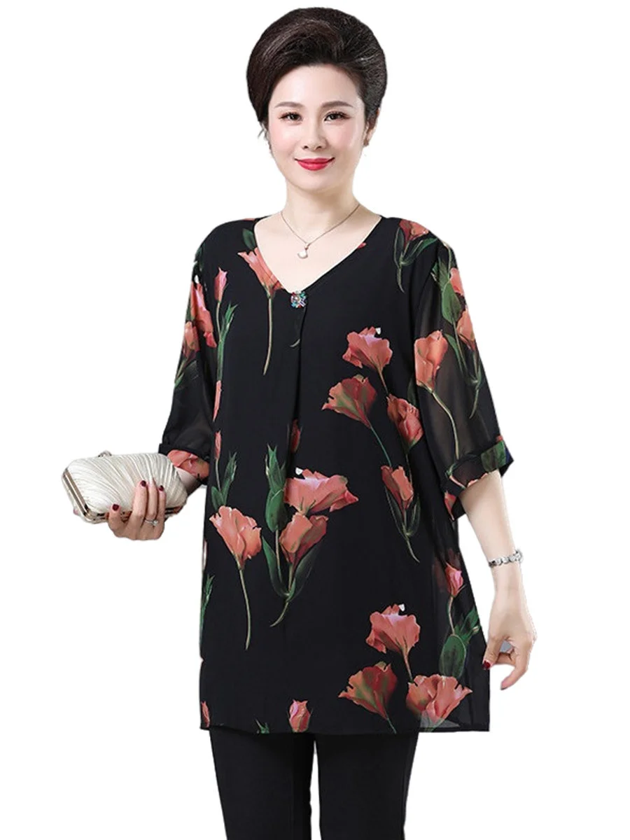 

Блузка женская свободного покроя с коротким рукавом, V-образным вырезом и цветочным принтом