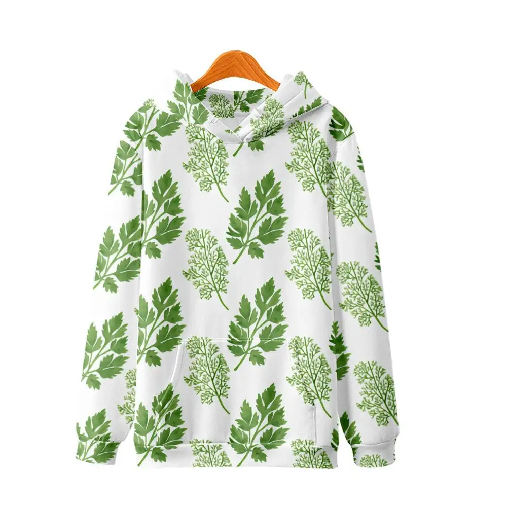 

Autumn Casual Couple Men Women Sweatshirt Green Leaves Printed White Long Sleeve Pullover Hoodies Harajuku Streetwear