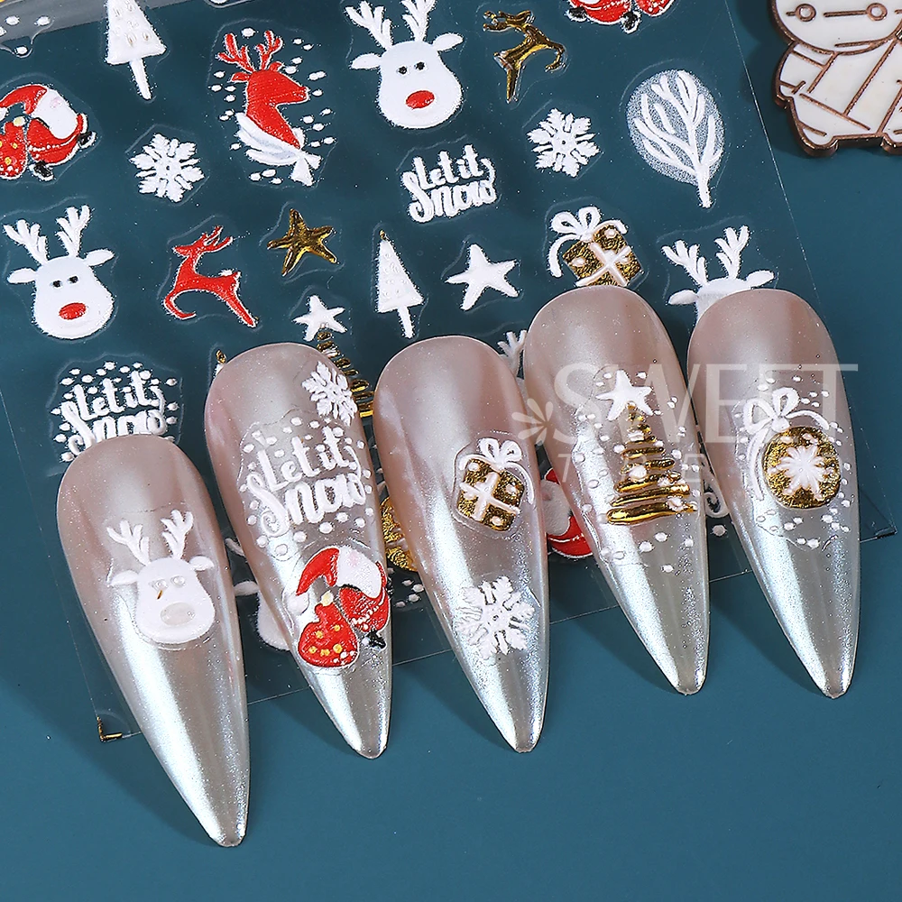 5D Embossed Christmas Nail Art Sticker Santa Claus Snowflake Self Adhesive New Year Sliders Decals Manicure Decoration Supplies