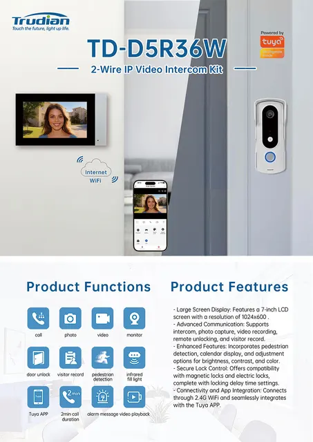 New 2 Wire Video Intercom System 7'' Color Touch Screen Tuya Wifi 1080P  Rainproof Call Panel IR Camera for Home Villa Building 5