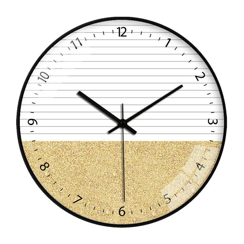 Wood Grain Simple Black Punch-free Wall Clock Golden Mute Cartoon Glass Clock Color:126H;Sheet Size:14 inch (35cm)
