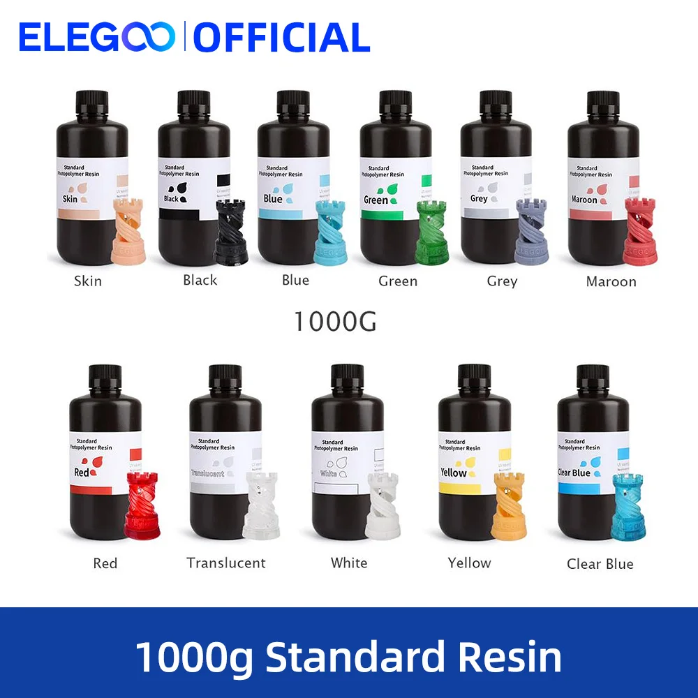 Resina para Impressora 3D ELEGOO, Resina UV-Curing LCD 405nm, Resina Fotopolímera Padrão para Impressão 3D LCD 1000g Preto Cinza Branco