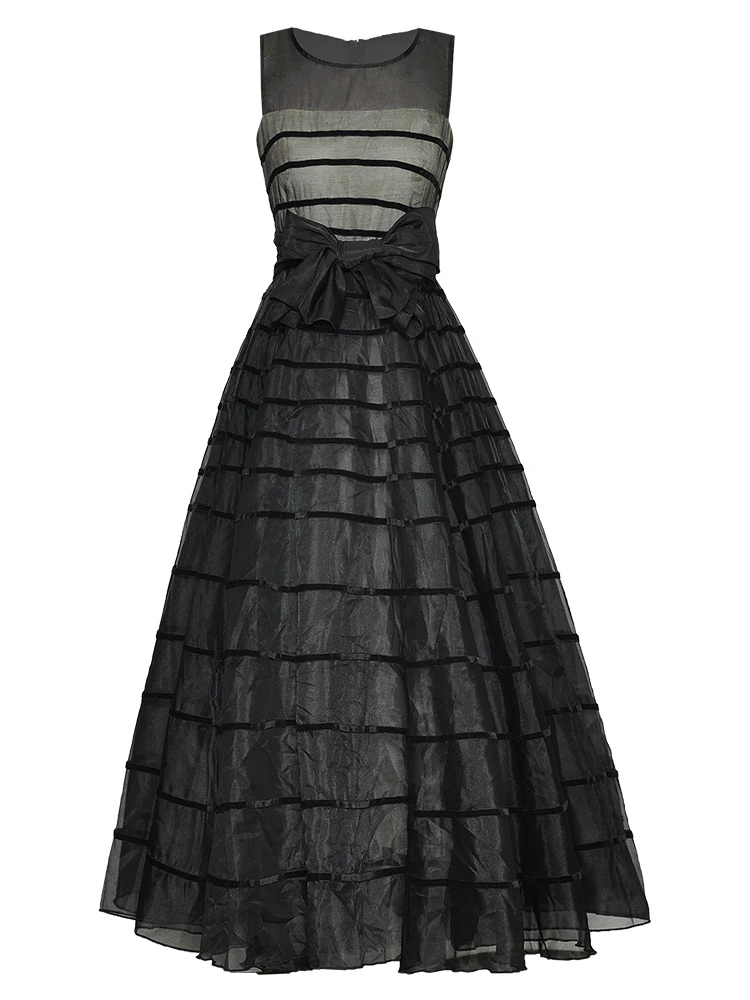 

Summer New Designer Women'S High Quality Runway Luxury Lace Up Sexy Chic Celebrity Party Casual Fashion Black Vest Long Dress