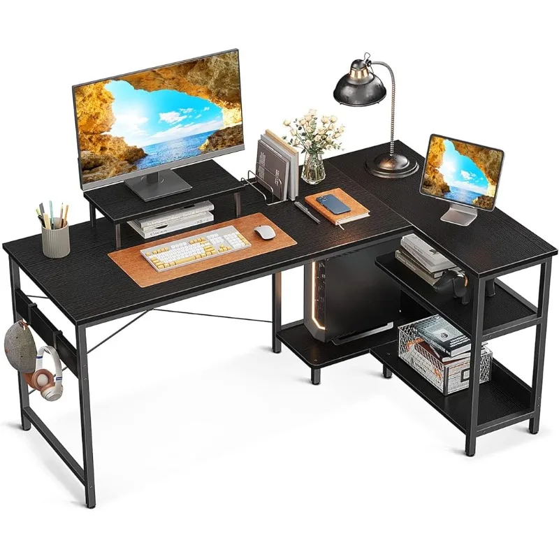 ODK Small L Shaped Computer Desk with Reversible Storage Shelves, 58 Inch L-Shaped Corner Desk（Black/Rustic Brown）optional