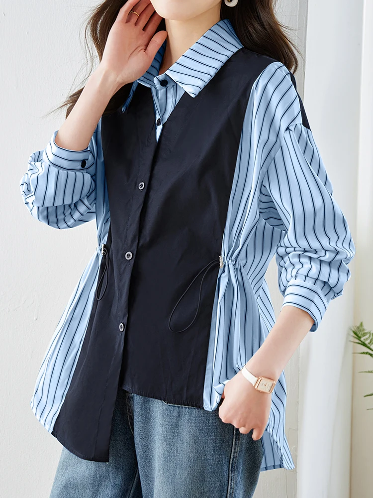 QOERLIN Women Slim-Waist Button Down Shirts Patchwork Striped Dress Shirt Long Sleeve Turn-Down Collar Office Work Blouses Tops
