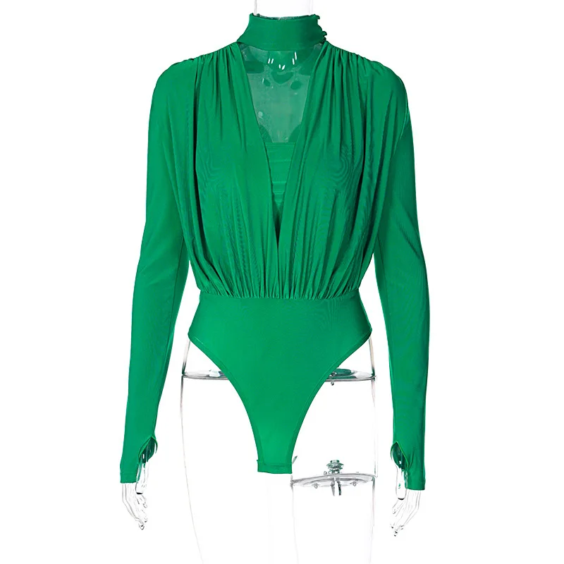 BKLD Women Clothing 2023 Winter New Sexy V-neck Slim Fit Patchwork Solid Color Long Sleeve Bodysuit Night Club Outfit