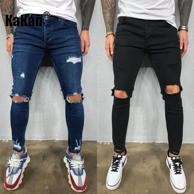 Kakan - High Quality European and American Men's Distressed Elastic Small Leg Jeans with Torn New Dark Blue Black Jeans K01-8812
