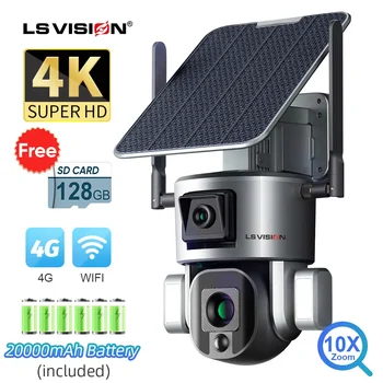 LS VISION-4K 4G 무선 태양열 카메라, 8MP, 와이파이, 듀얼 렌즈, 4X, 10X 광학 줌, 태양 전지 패널 포함, 휴머노이드 추적, PTZ 보안 캠