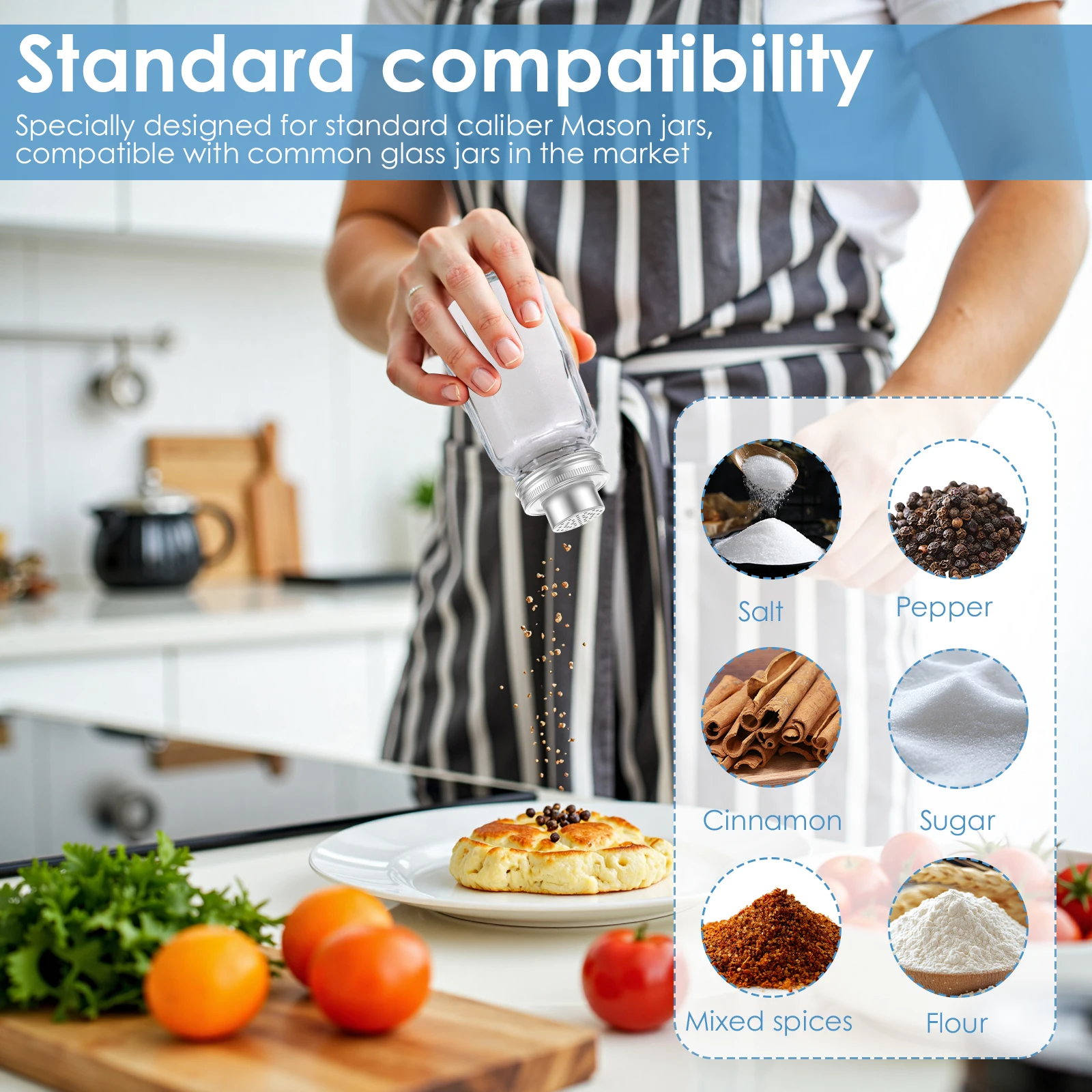 6Pcs Mason Jar Shaker Lids Caps Stainless Steel Shaker Cap with Sealing Silicone Gasket Glass Jar Shaker Lid for Spices Cocktail