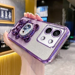 Cute Bear Plating Silicone Case with Stand Holder for Poco m6 4g (SFCZX Purple)