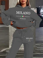Women's autumn and winter fashion casual MILANO ITALIA printed and plush thick warm hooded sweatshirt+sports pants set - Image 3