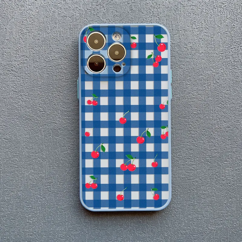 Stylish Blue Checkered Grid Pattern Cherry Phone Case