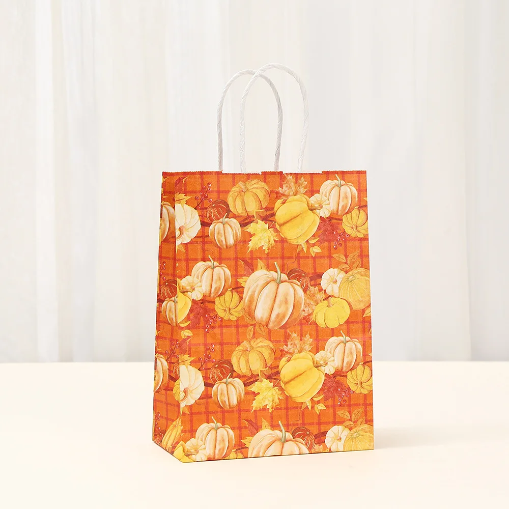 Autumn Pumpkin & Maple Leaf Kraft Paper Gift Bags for Candy, Sweets, Cookies, Party... - SKU KPGB1129 - UGI Packaging
