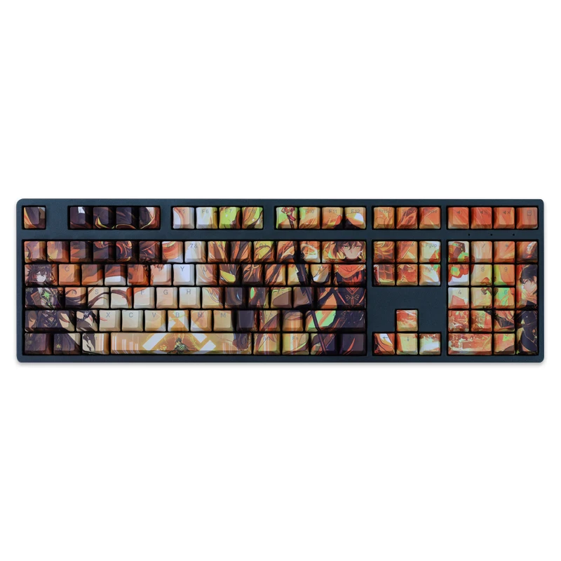 Chaves Conjunto Lados Pbt Tintura Subbed Keycaps Anime dos Desenhos Animados Gaming Keycap Backlit para Genshin Impacto Morax 108 - Imagem 3