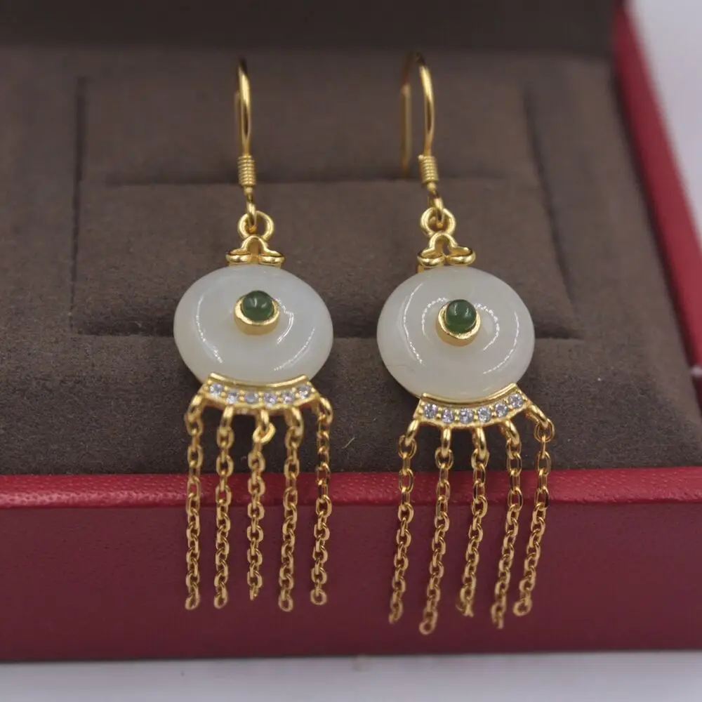 

Pure S925 Sterling Silver Nephrite Hetian Jade Circle Tassel Dangle Earrings