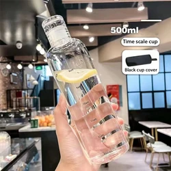 Sport Water Bottle with Time Scale - Durable, Portable & Anti - Drop Plastic Water Cup - 500ml (Transparent - cover)