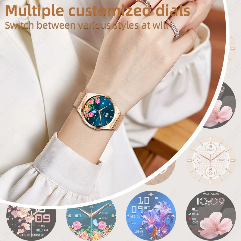 LIGE New Smart Watch Ladies Custom Dial Clock Heart Rate Blood Oxygen Women's Health Smartwatch AI Voice Calling For Android iOS
