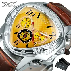 JARAGAR Luxury Men's Automatic Sports Watch with Multifunctional Dial and Leather Strap (BOX YELLOW)