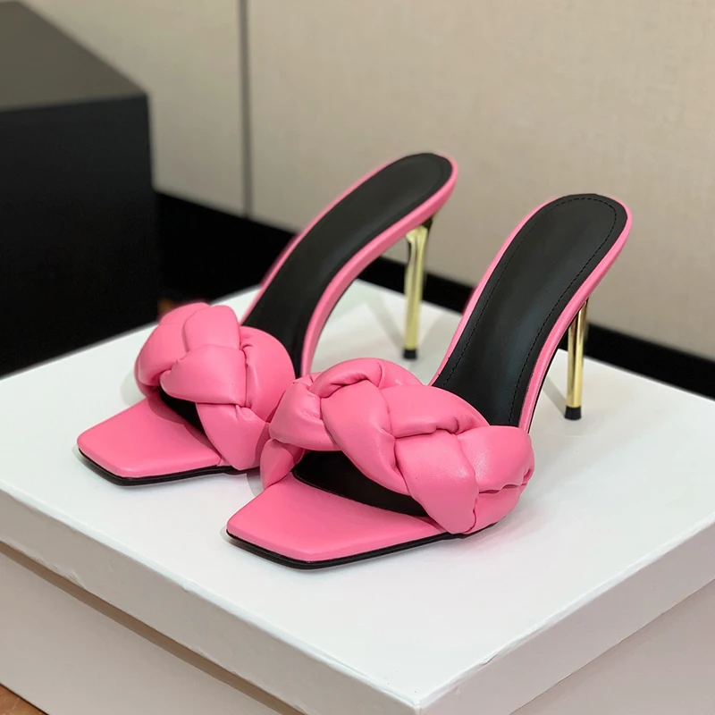 

High-end Women Slippers Summer New Handmade Weave Upper Square Toe Female Slippers Real Leather Material Party High Heel Sandals
