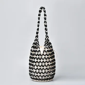 Elegante Borsa Intrecciata Boho da Donna, Design Raffinato con Perline in Legno, Borsa a Mano Traforata Fatta a Mano, Stagione Estiva