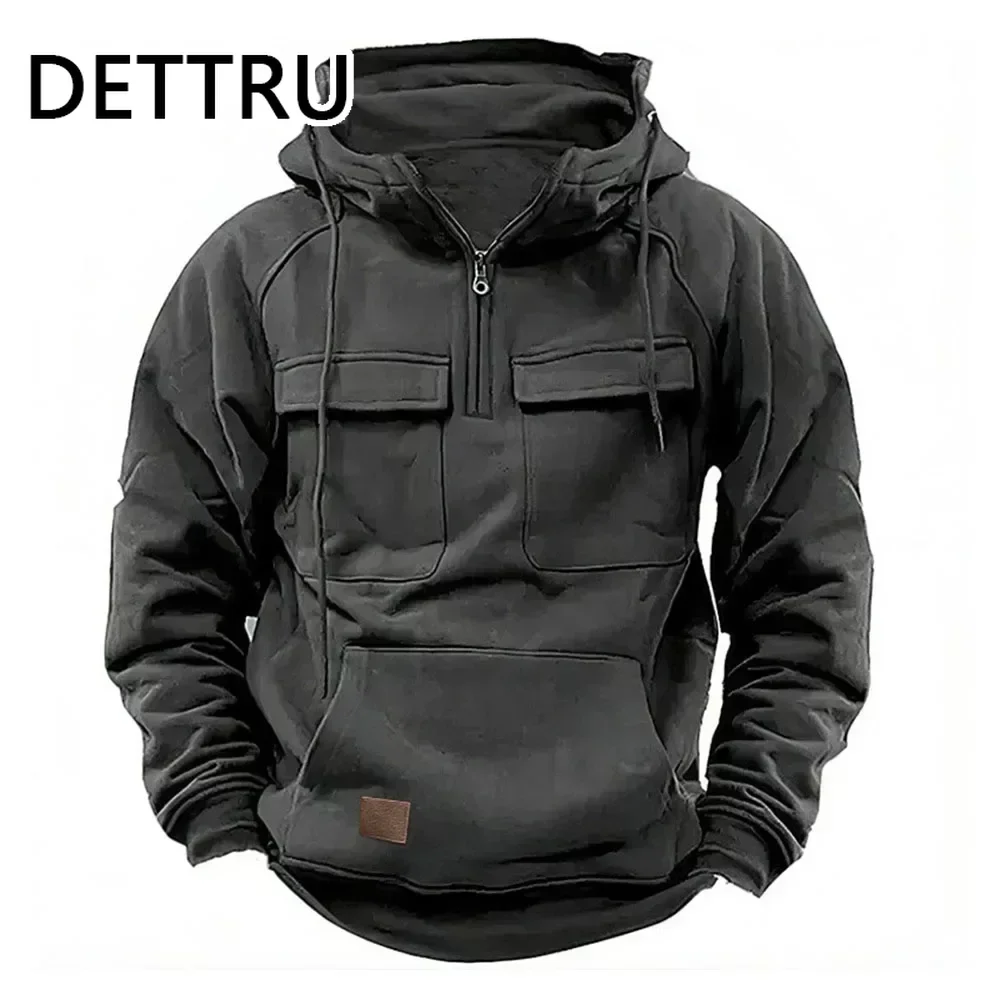 Men's  Hoodies Sweatshirts Multi Pockets Male Hooded Jackets  Outdoor Half Zipper