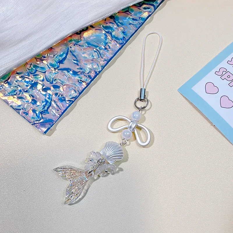Sweet Mermaid Acrylic Phone Chains Cute Pearl Bowknot  Keychain Girls Women Car Bag Pendants Jewelry Accessories