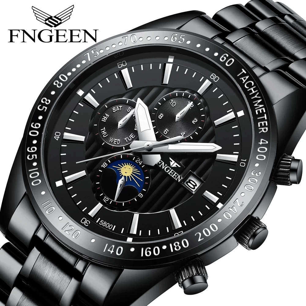 FNGEEN Original Watch for Men's Waterproof Stainless Steel Quartz Analog Fashion Business Sun Moon Star Wristwatches Top Brand