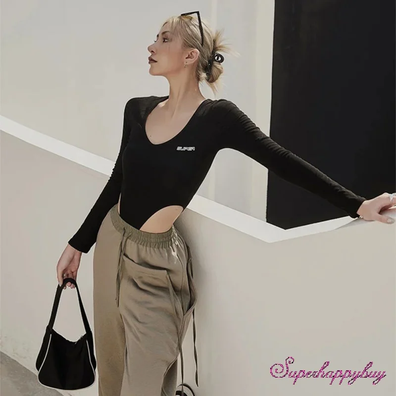 

Women's Long Sleeve Top Autumn Letter Print Bodysuit Top Casual Women's Dark Style Top