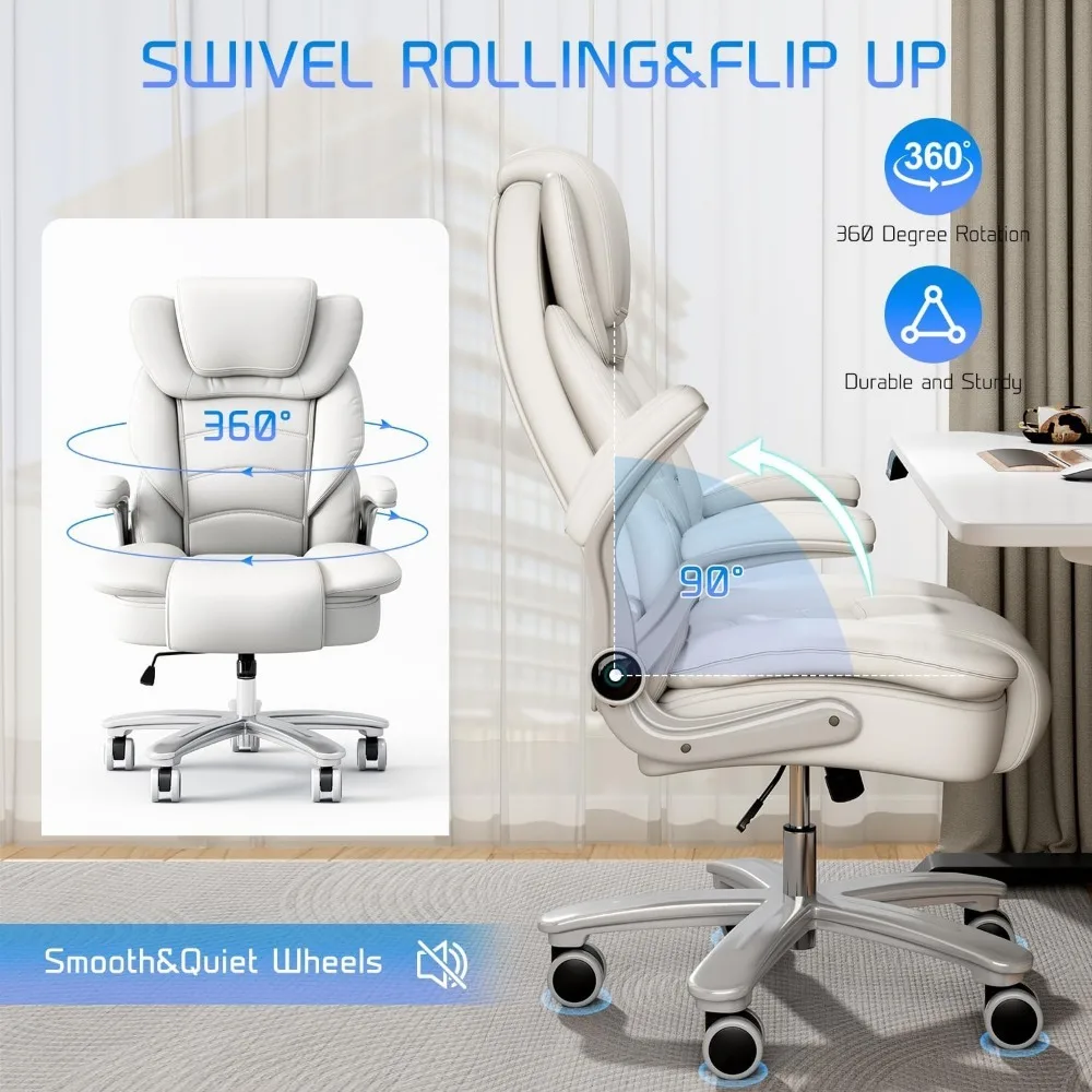 Big and Tall Office Chair 400lb Wide Seat, High Back Leather Executive Office Chair with Flip-up Arms, Ergonomic Desk Chairs 2