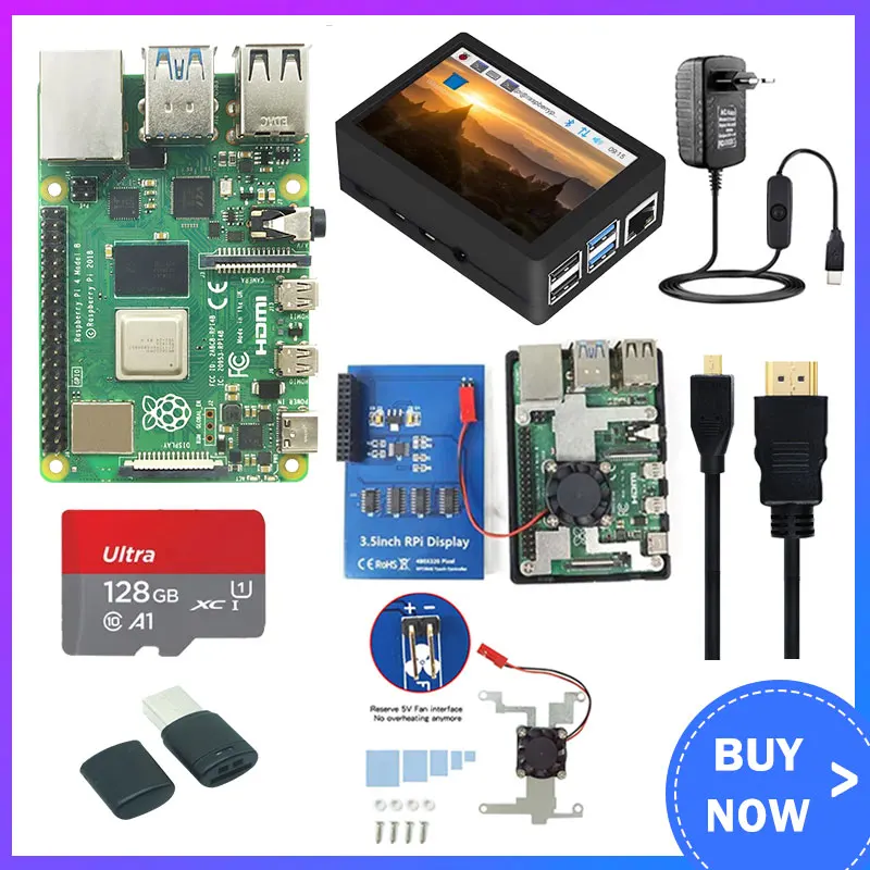 Raspberry Pi 4 Model B 8 / 4 / 2 / 1GB + 3.5 Inch Touch Screen + Case + Fan + Power Supply + 32 64 128 GB TF Card for Pi 4