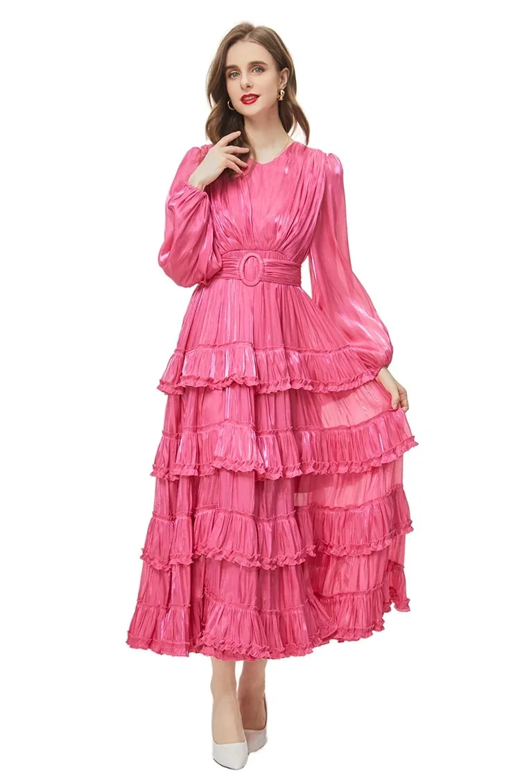 

Spring Autumn New 2024 Rose Red Vintage vestidos Women V Neck Long Sleeve Sashes Ruffles High Waist Slim Pleated Long Dress