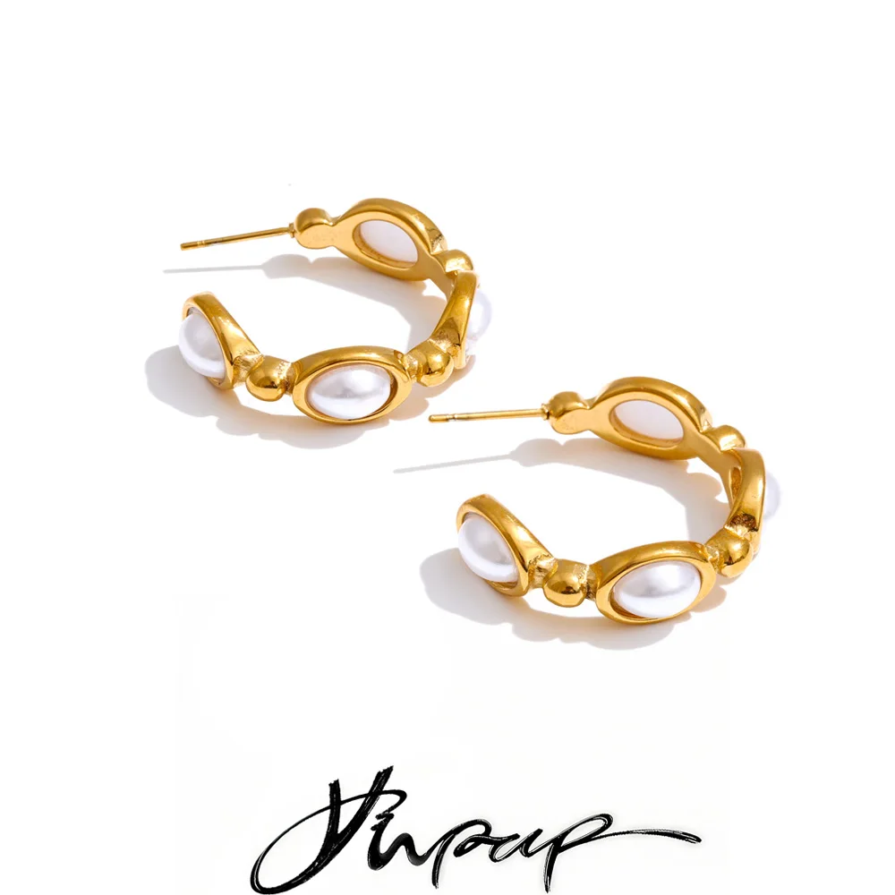 Yhpup Simulated Pearls C-Shape Hoop Earrings
