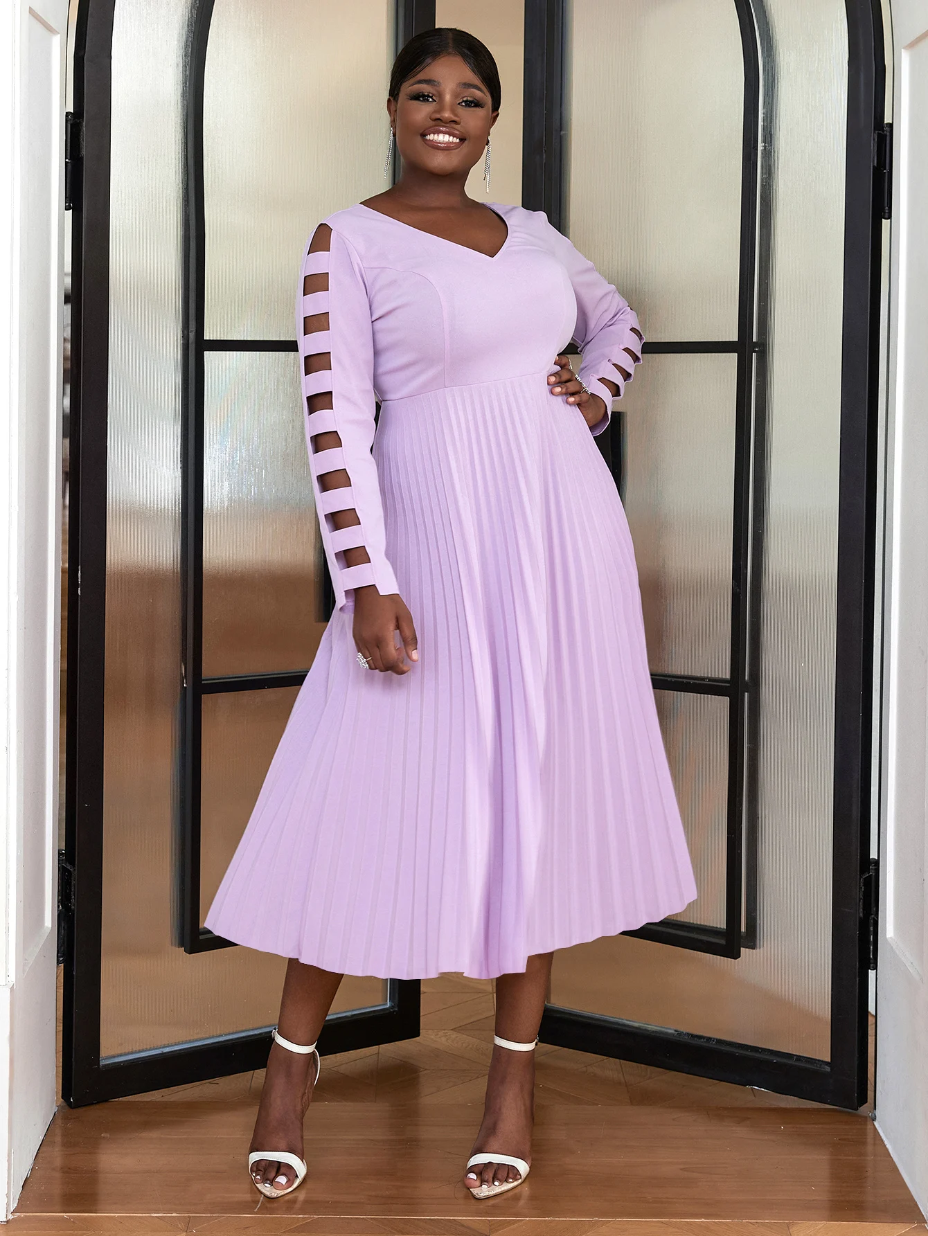 lilac midi dress long sleeve Long Sleeve Ruched Floral Midi Dress Lavender