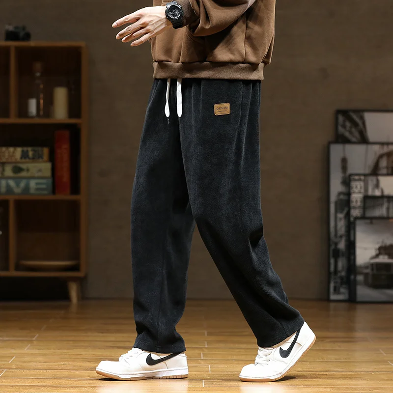 

New Winter Men Plush Warm Casual Pants Sweatpants Quality Couple Wide Leg Joggers Straight Solid Color Large Long Baggy Pants