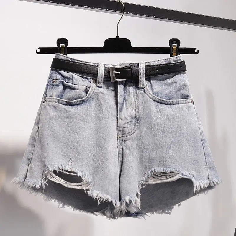 khaki shorts Ailegogo 2022 New Summer Women High Waist Hole Blue Denim Shorts Casual Female Solid Color Frayed Black Jeans Shorts With Belt bermuda shorts Shorts