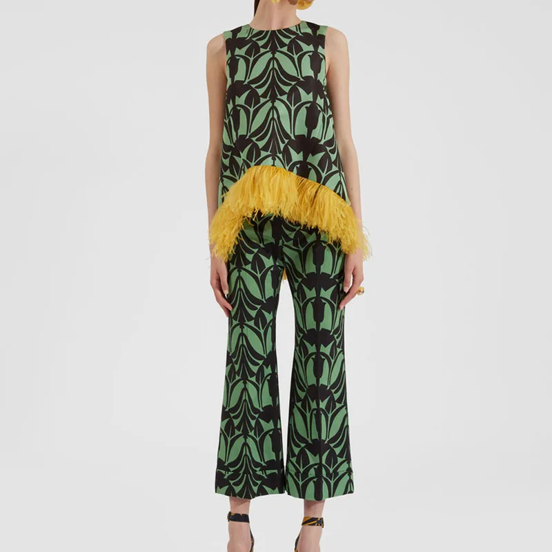 

Женский костюм-двойка с принтом, винтажный топ с круглым вырезом и перьями и длинные брюки, летний костюм на бретелях без рукавов, на весну