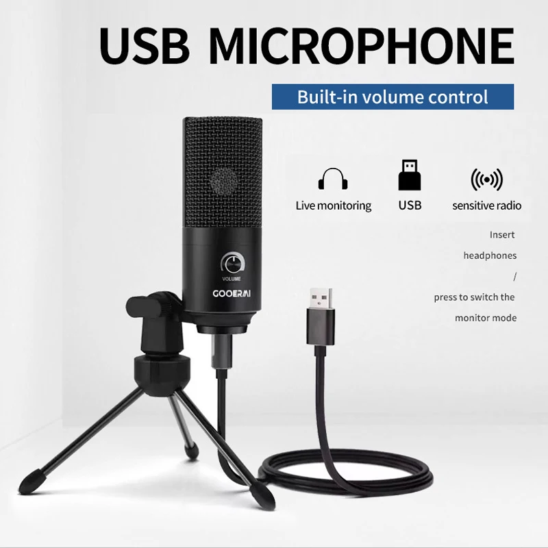 Gooermi 데스크탑 콘덴서 게임 녹음 마이크, USB 스트리밍 팟캐스트 PC 마이크, 삼각대 포함, J669