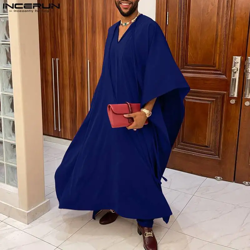 

2023 Men Muslim Jubba Thobe Solid V Neck Half Sleeve Caftan Islamic Arabic Kaftan Men Loose Vintage Abaya Robes S-5XL INCERUN