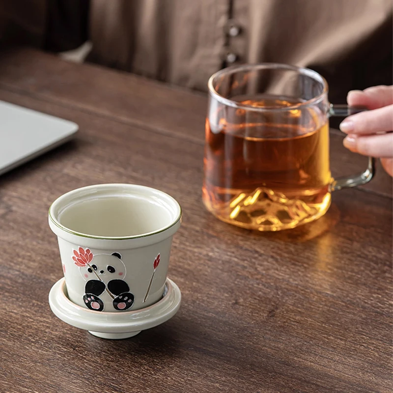 Creative Ceramic Hand Drawn Grass Gray Panda Pattern Cup Home Office Items Porcelain Filtered Tea Water Separation Glass Mug 1Pc