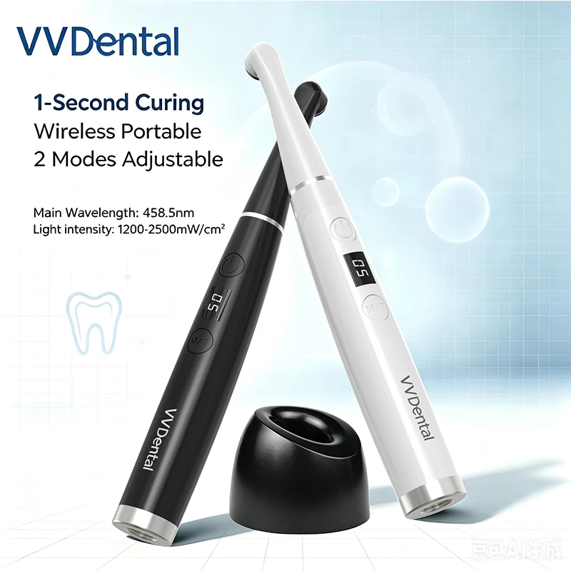 VVDental LED-Aushärtungslampe Kabellose Harzaushärtungslampe 1-Sekunden-Aushärtung 2500mW/cm² 10W Hochleistungs-Photopolymer Zahnmedizinische Materialien