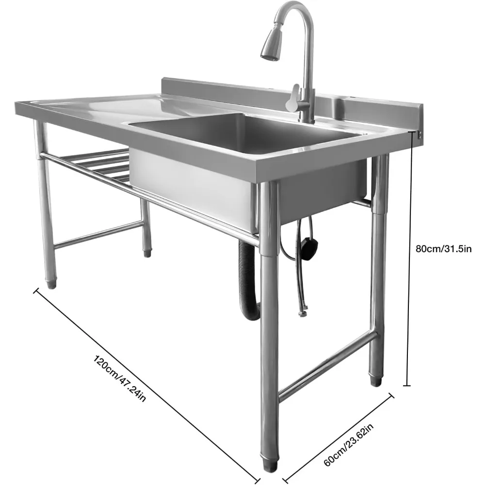 Commercial Restaurant Sink, Steel Utility Sink Free-standing Kitchen Sink, Freestanding Outdoor Sink with Pull-Out Faucet 6