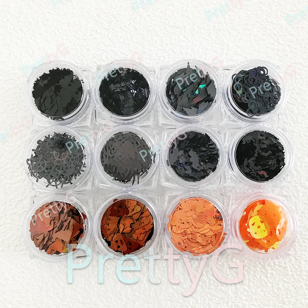 PrettyG 할로윈 박쥐 거미 호박 마녀 믹스 반짝이 모양 대량 스팽글, 송진 DIY 네일 아트 장식, 12 색 상자, 1 세트